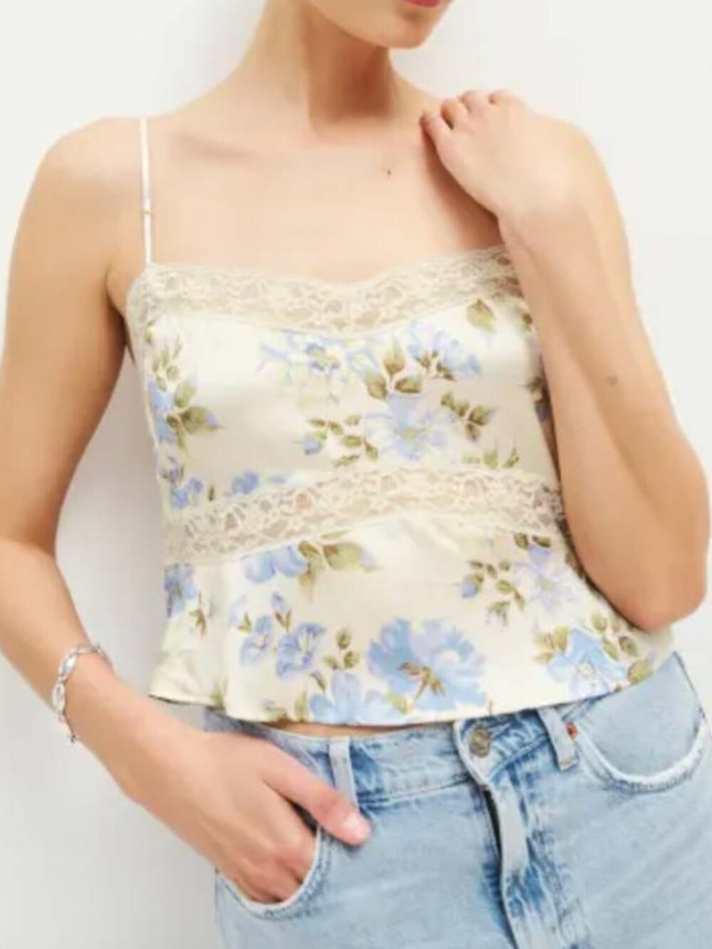 Reformation Lane Silk Top Lace Trim Camisole Romantic Cream Floral L